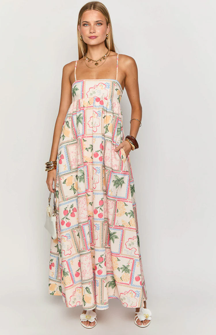 Akari White Tomato Girl Print Maxi Dress
