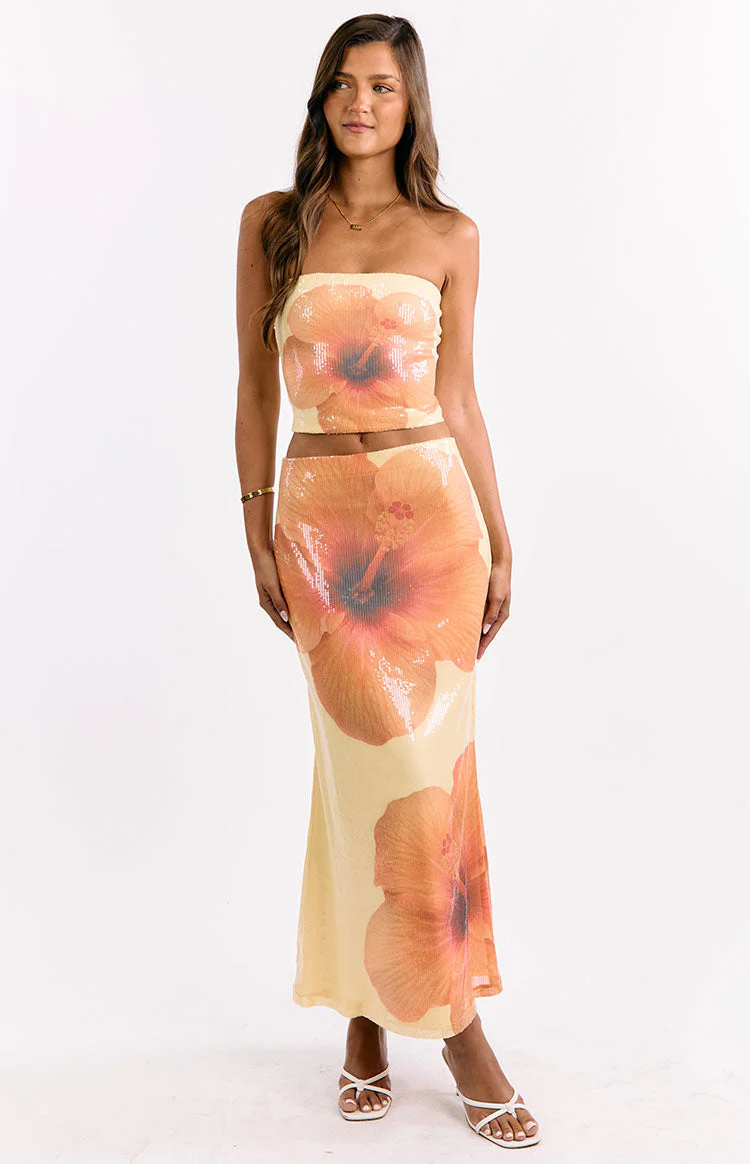 Denzel Yellow Floral Sequin Maxi Skirt