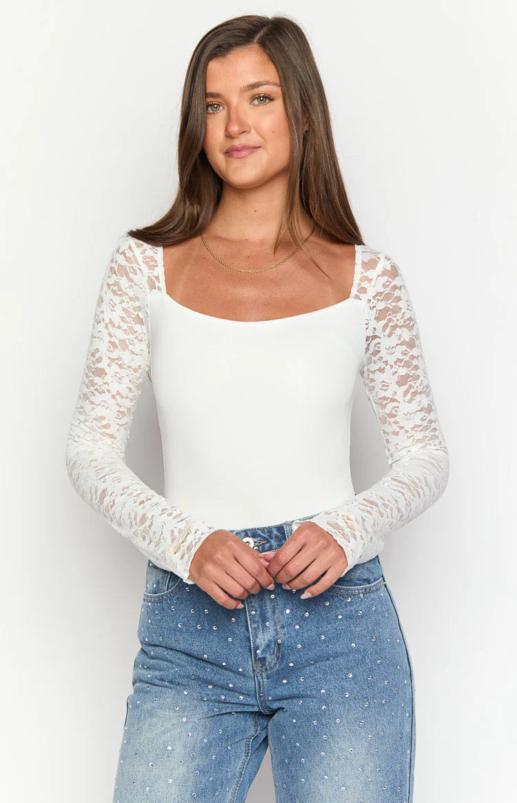 Irene White Lace Long Sleeve Bodysuit