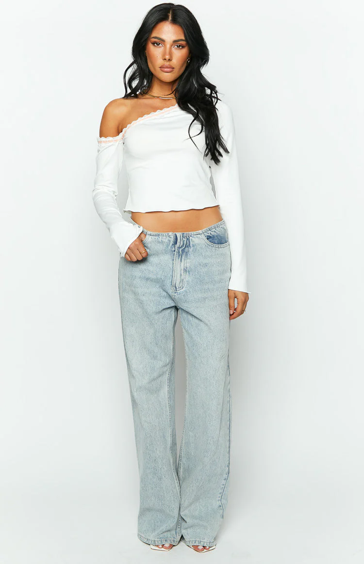 Oakleigh White One Shoulder Long Sleeve Top